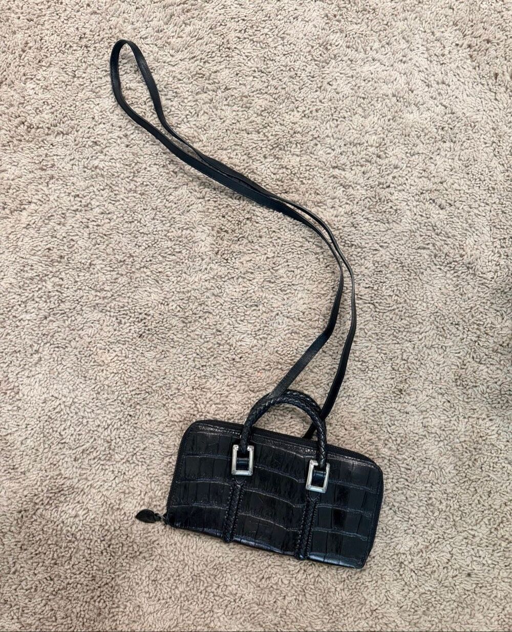 Black Crocodile Print Embossed Leather Mini Satchel Crossbody Purse Bag